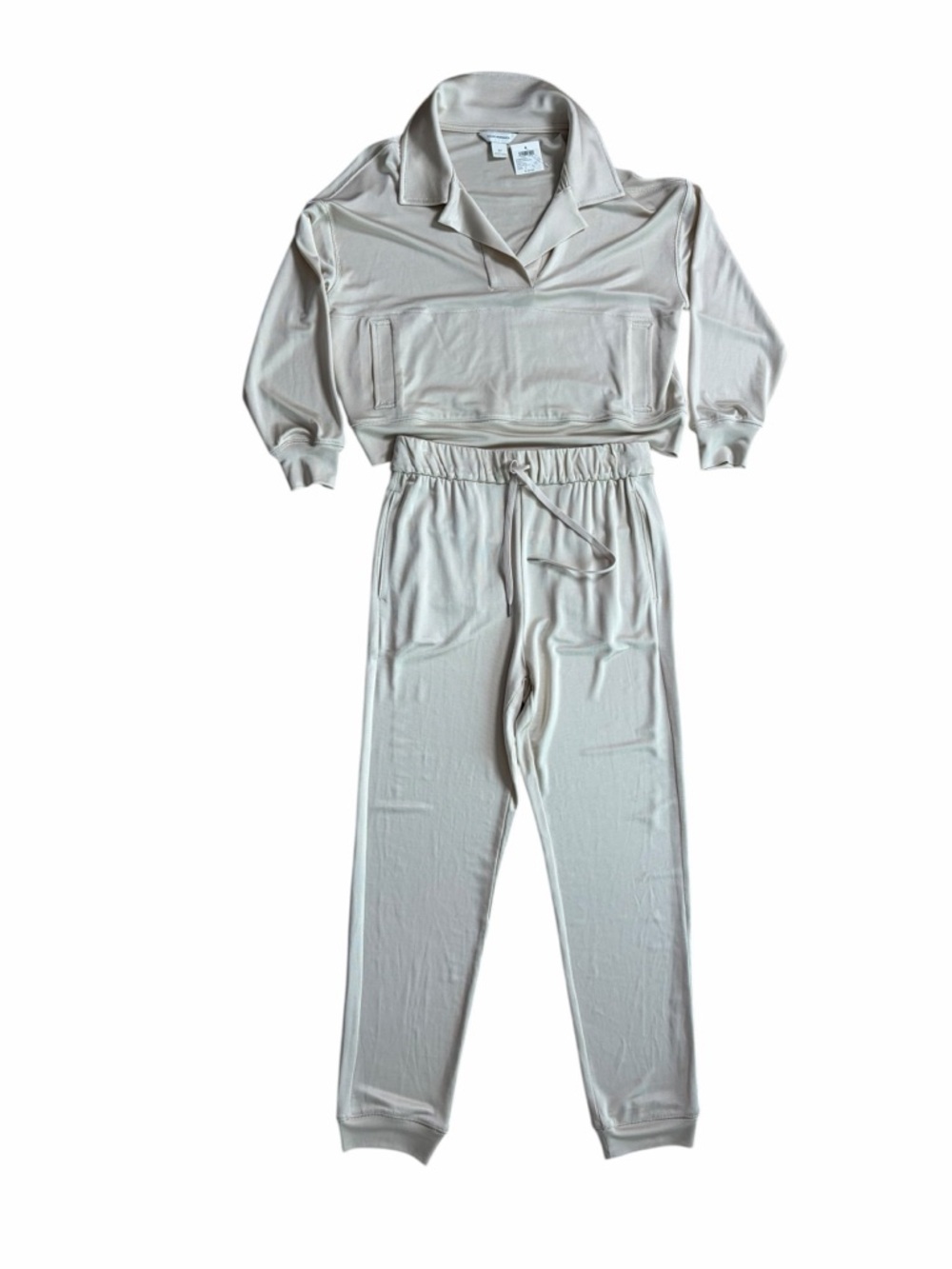 Club Monaco women’s cream/ light beige  Drawstring Joggers size M + L/S polo (S)